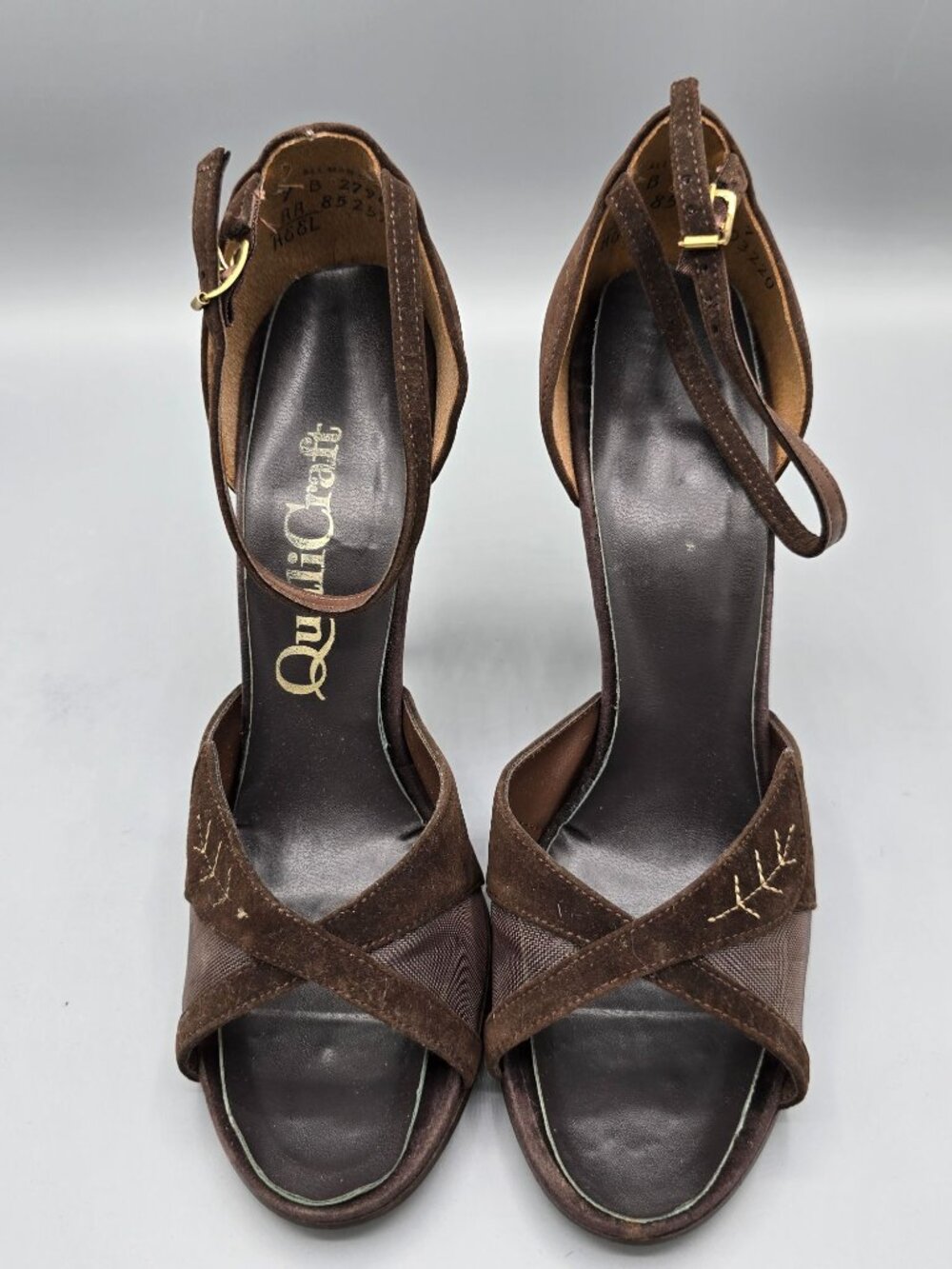 Vintage 1970s QualiCraft Brown Faux-Suede & Mesh Ankle-Strap High Heels (7B)